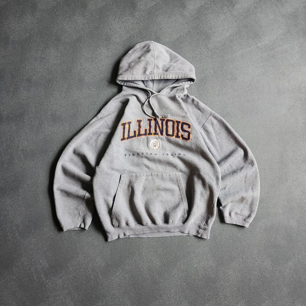 Vintage Fighting Illini Illinois Embroidered Grey Pullover Hoodie Medium